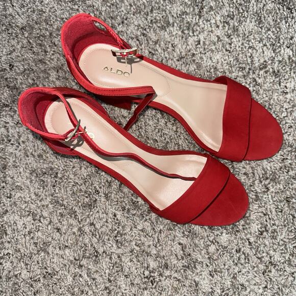 NEW ALDO Red Suede Block Heels Ankle Strap Open Toe Size 9 2.5” Heel - Picture 3 of 11